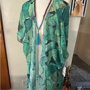 Tropical Leaf Green Kimono Duster